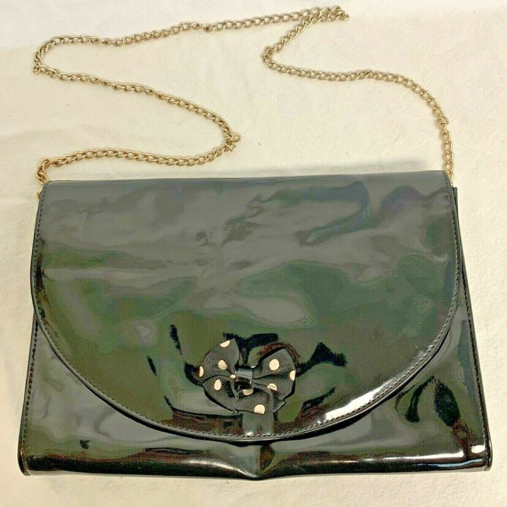 Vintage Susan Reade Black Patent Leather Purse Handbag Polka Dot Bow Chain Strap